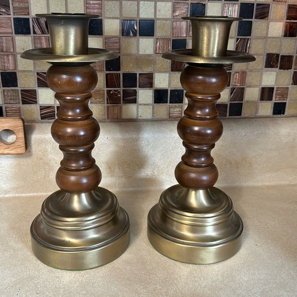 Source Unknown Other - Source Unknown Brown & Gold Turned Wood and Brass Candle Holders - Pair